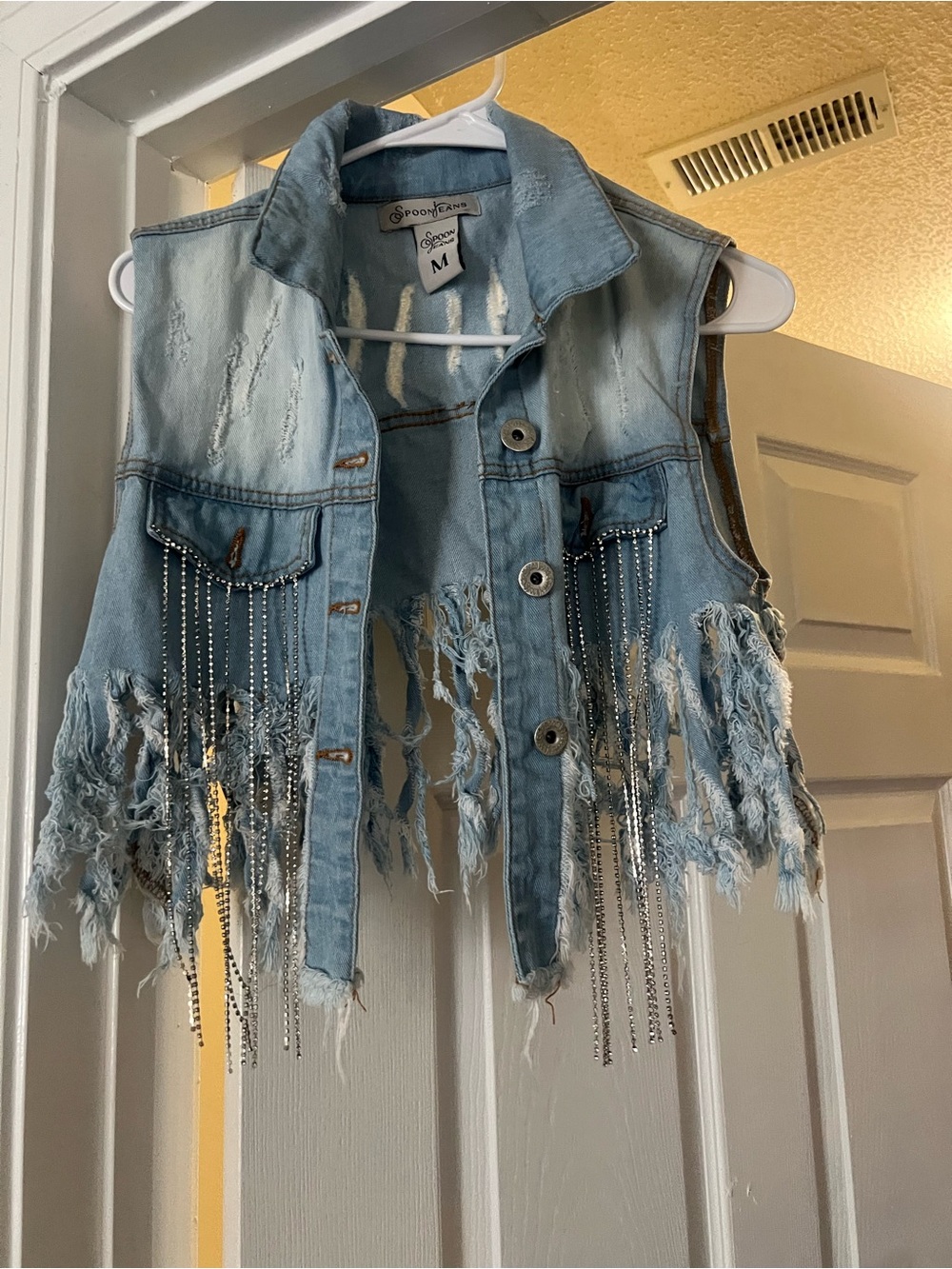 Light Blue Distressed Denim Fringe Vest with Rhinestone Chains